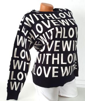 Feinstrick Damenpullover "WITH LOVE" schwarz weiß 2