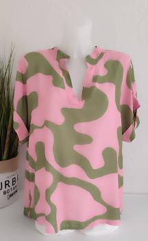 schöne Damen Bluse mit extravagantem Muster oliv - rosa 1