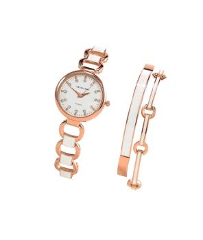 3-Tlg.Set, Damen Armbanduhr + 2 Armreifen, rosé-weiß