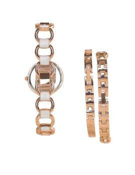 3-Tlg.Set, Damen Armbanduhr + 2 Armreifen, rosé-weiß