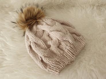 Strickmütze Pudelmütze mit Bommel in beige 2