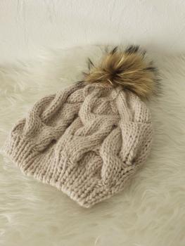 Strickmütze Pudelmütze mit Bommel in beige 3