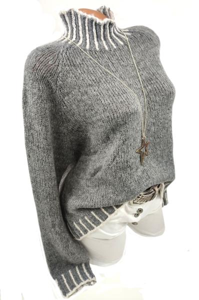 kuschelweicher Damen Rollkragen Pullover Turtleneck hellgrau / weiß 4