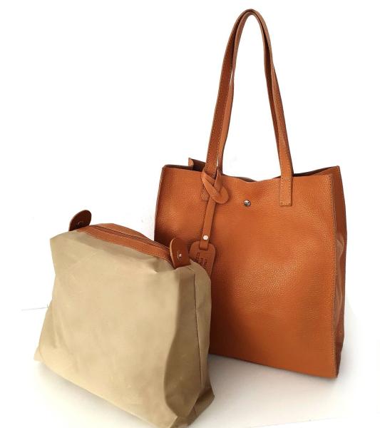 zeitlose Schultertasche Shopper echt Leder cognac